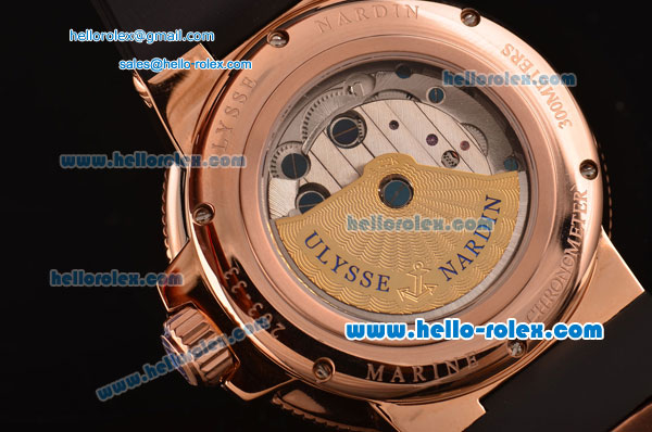 Ulysse Nardin Marine Chronometer Manufacture Power Reserve Asia ST25 Automatic Rose Gold Case with Black Rubber Strap White Dial Roman Markers - Click Image to Close